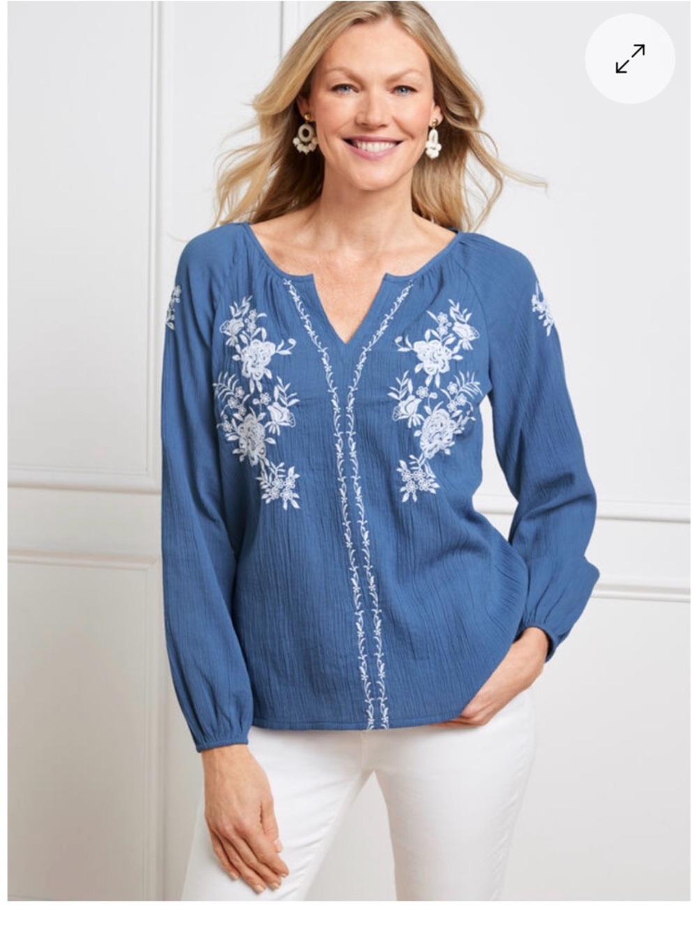 Talbots Blue Embroidered Blouse Large Boho Floral Lightweight Top EUC new